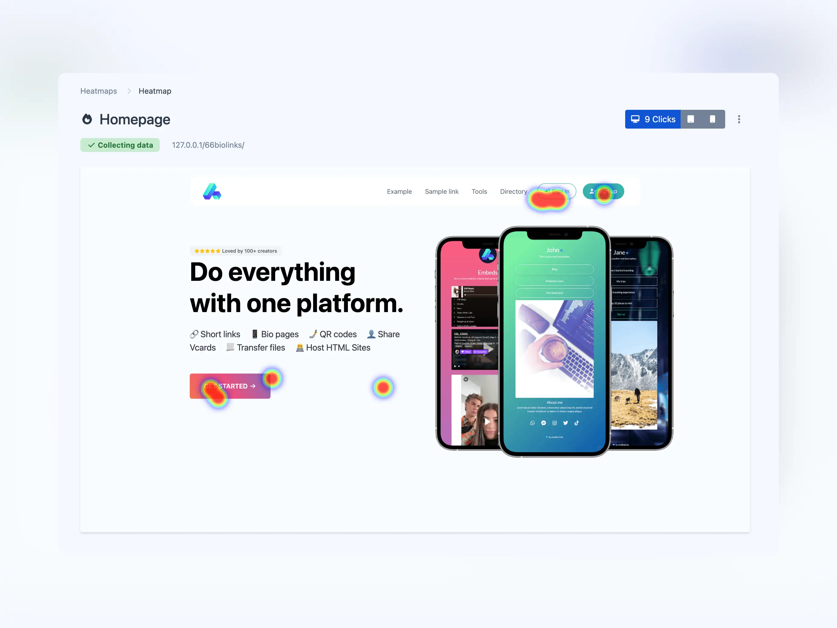 Captura de tela da página de mapas de calor do aplicativo